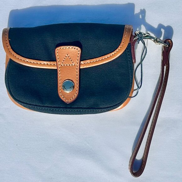 Dooney & Bourke Oncour Elba Snap Flap Wristlet Black Canvas & Tan Red Lining EUC - Picture 1 of 15